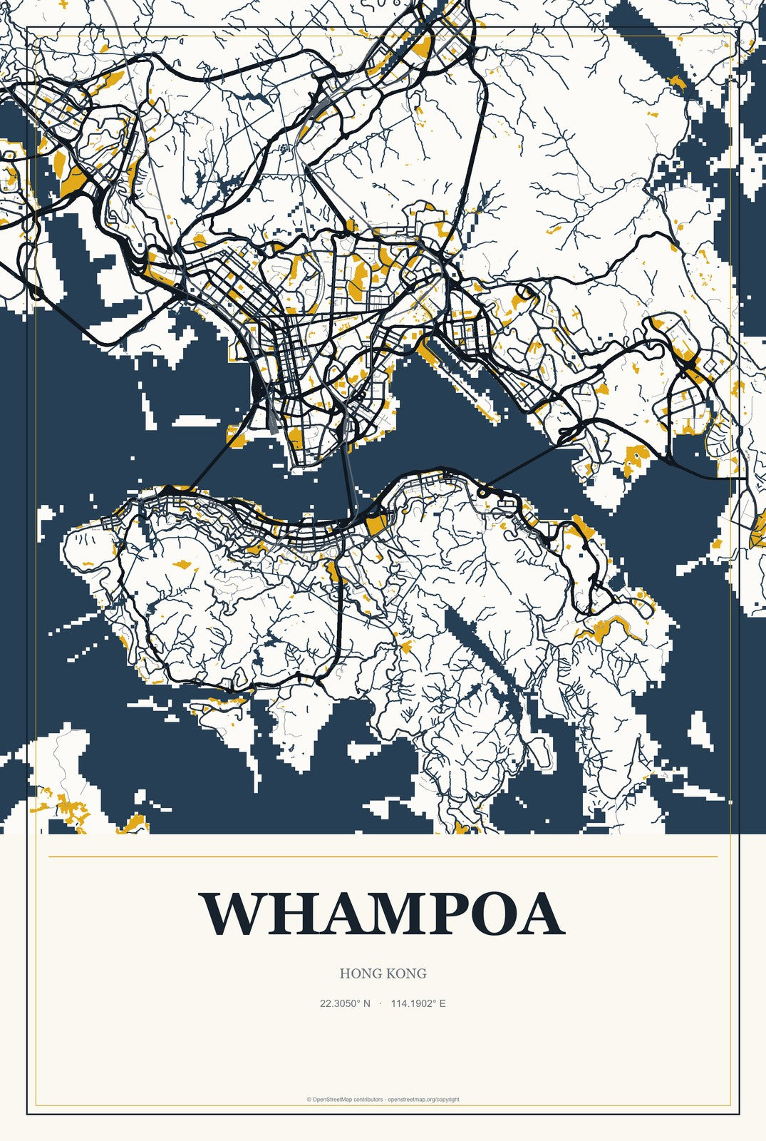 Whampoa, Hong Kong City Map Aluminum Sign in Citrine Modern style