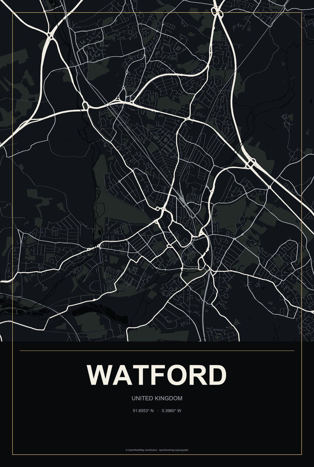 Watford, United Kingdom City Map Aluminum Sign in Metropolitan Noir style
