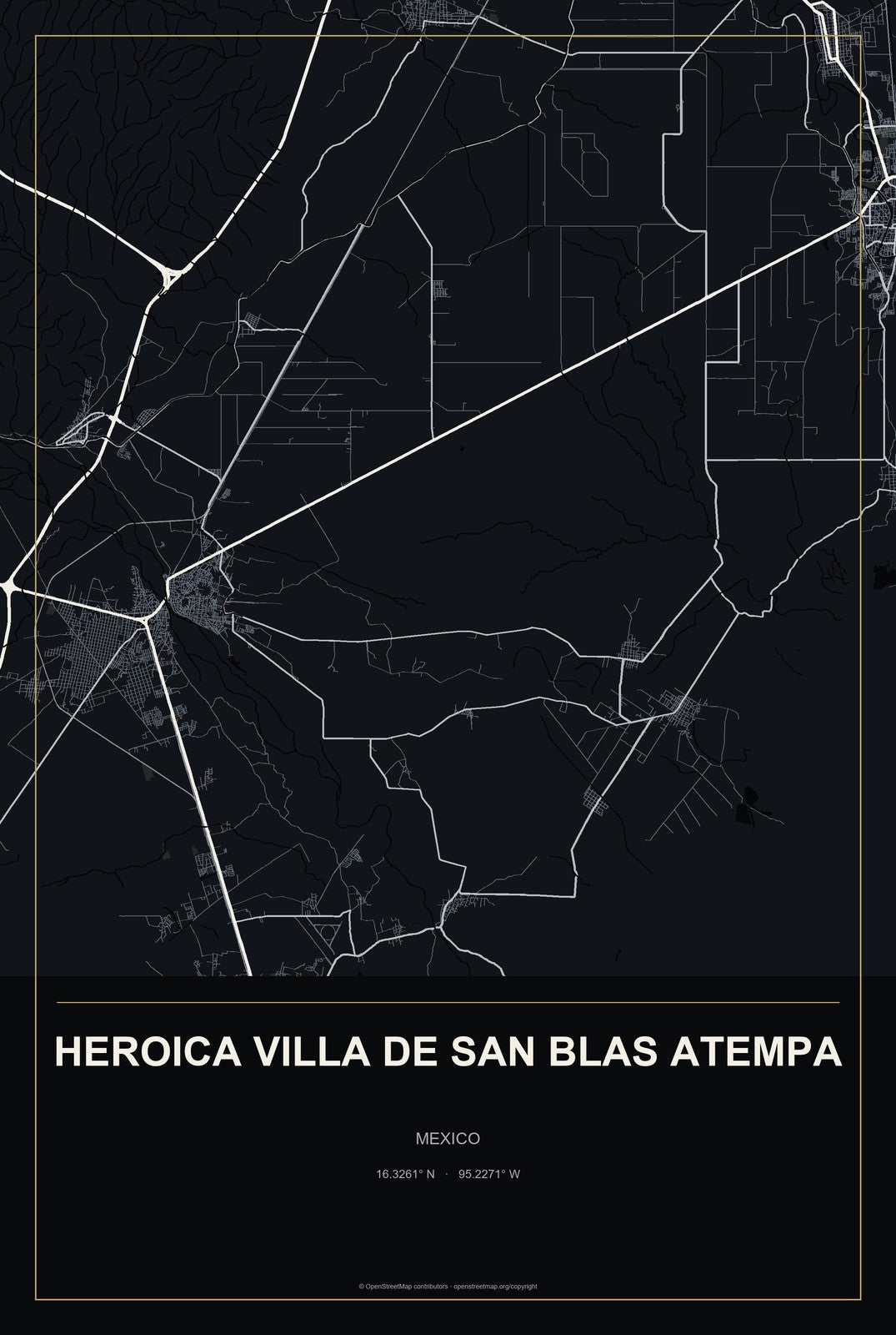 Heroica Villa de San Blas Atempa, Mexico City Map Aluminum Sign in Metropolitan Noir style