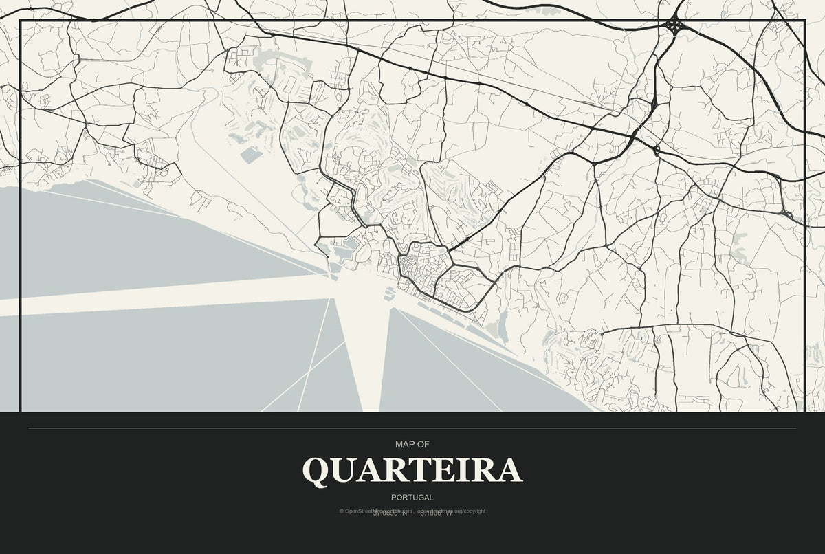 Quarteira, Portugal City Map Aluminum Sign in Museum Plaque style