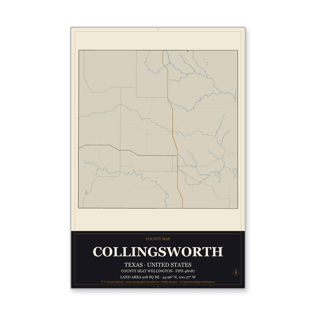 Collingsworth County, Texas Map Aluminum Sign in Museum Plaque style