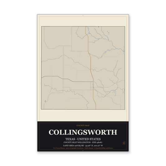 Collingsworth County, Texas Map Aluminum Sign in Museum Plaque style