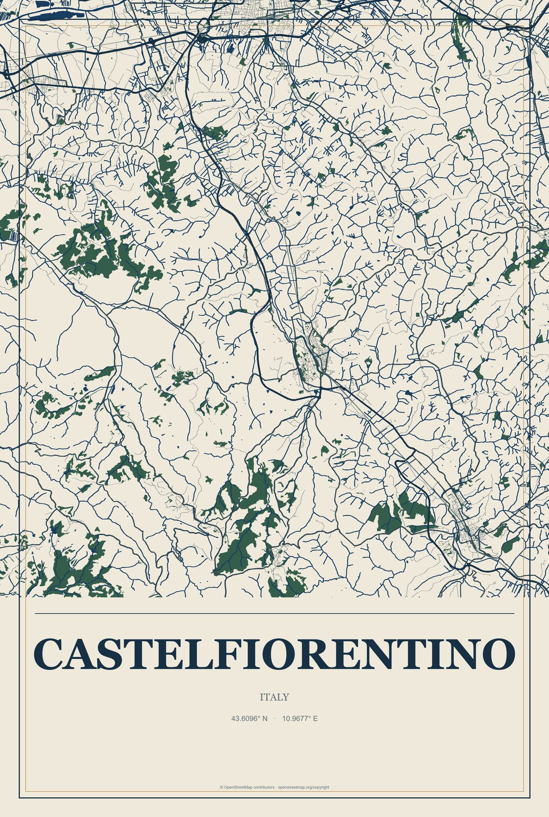 Castelfiorentino, Italy City Map Aluminum Sign in Coastal Cutout style