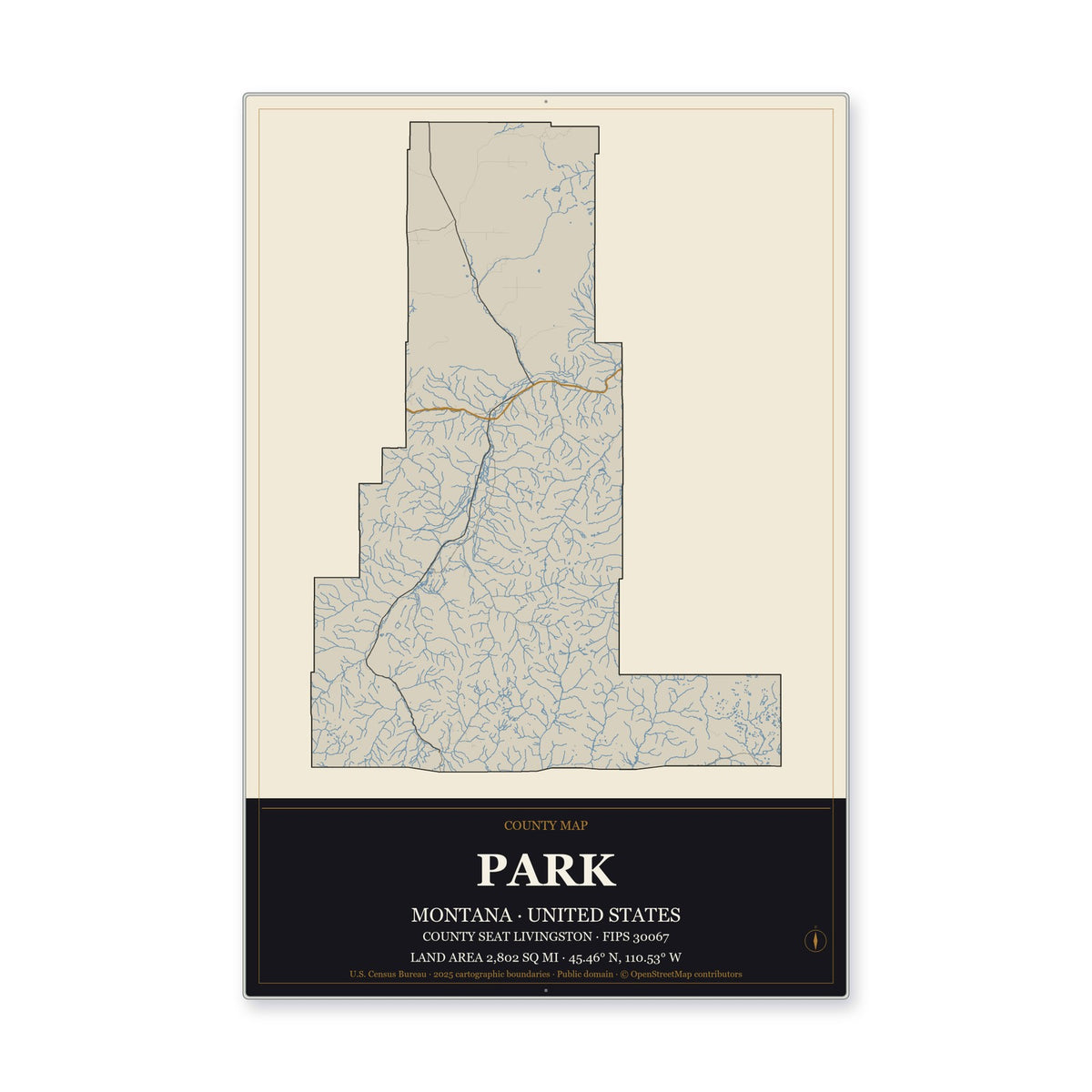 Park County, Montana Map Aluminum Sign in Museum Plaque style