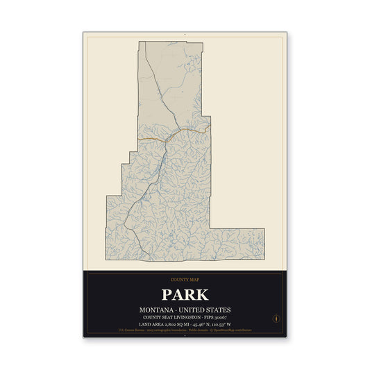 Park County, Montana Map Aluminum Sign in Museum Plaque style