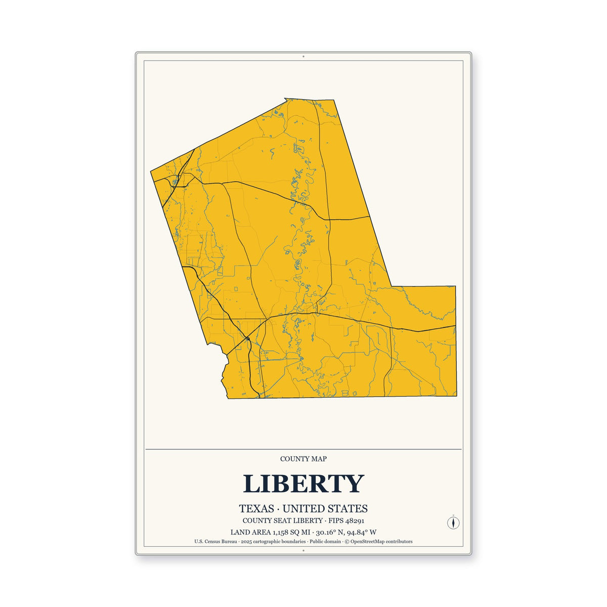 Liberty County, Texas Map Aluminum Sign in Citrine Modern style