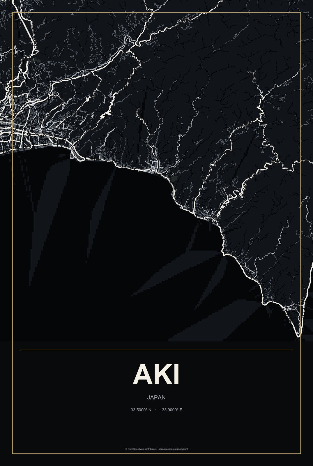 Aki, Japan City Map Aluminum Sign in Metropolitan Noir style
