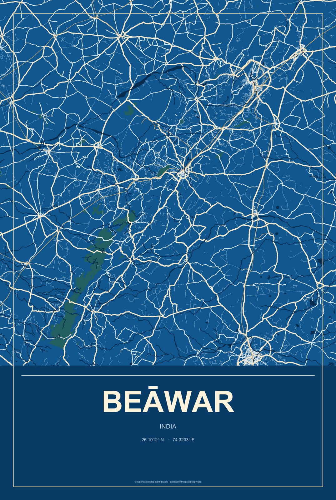 Beāwar, India City Map Aluminum Sign in Harbor Cobalt style