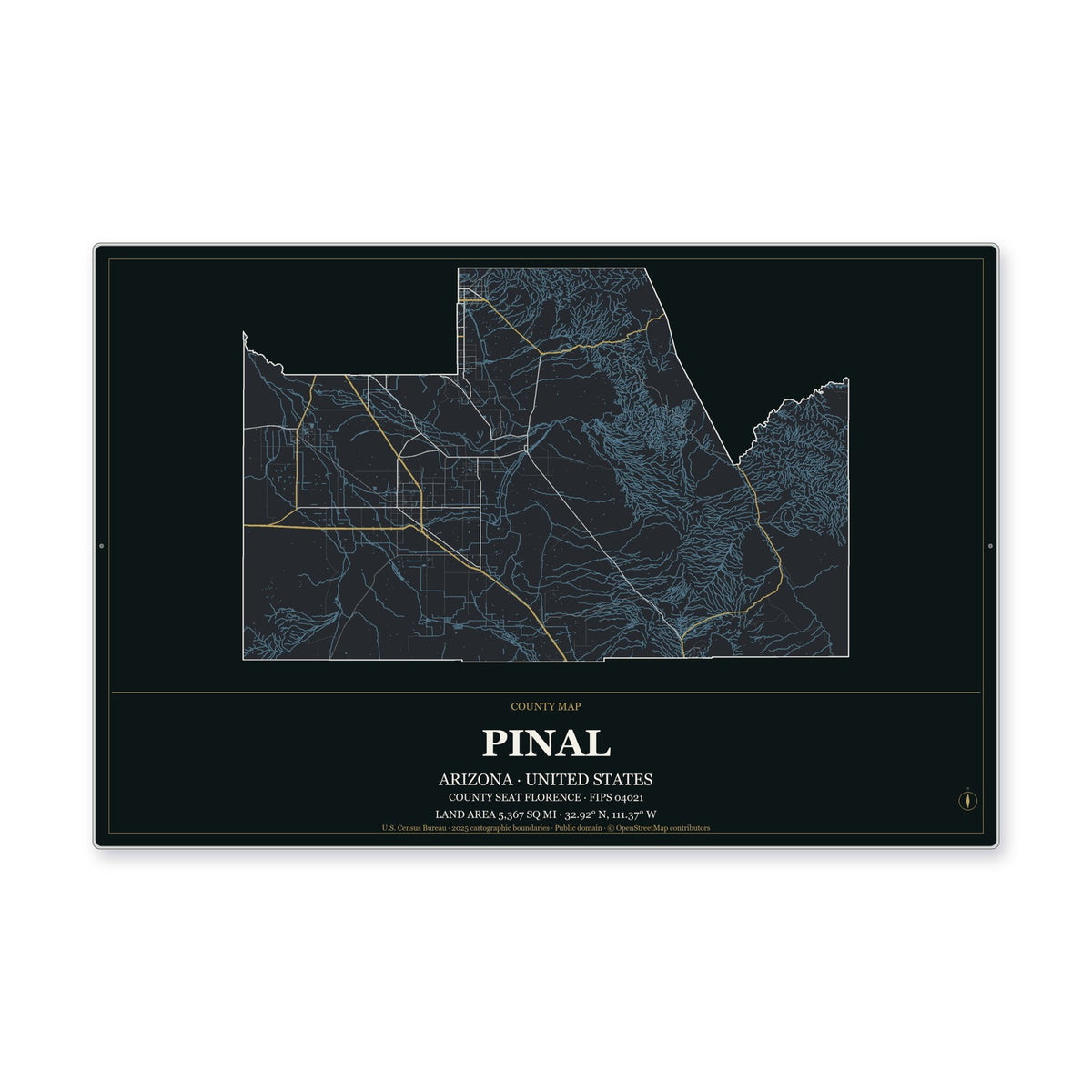 Pinal County, Arizona Map Aluminum Sign in Metropolitan Noir style