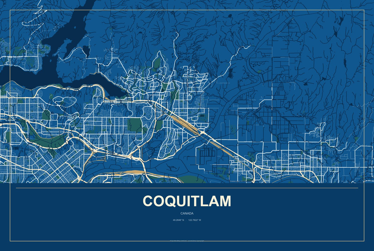 Coquitlam, Canada City Map Aluminum Sign in Harbor Cobalt style