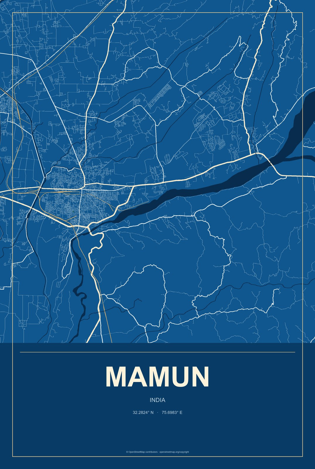 Mamun, India City Map Aluminum Sign in Harbor Cobalt style