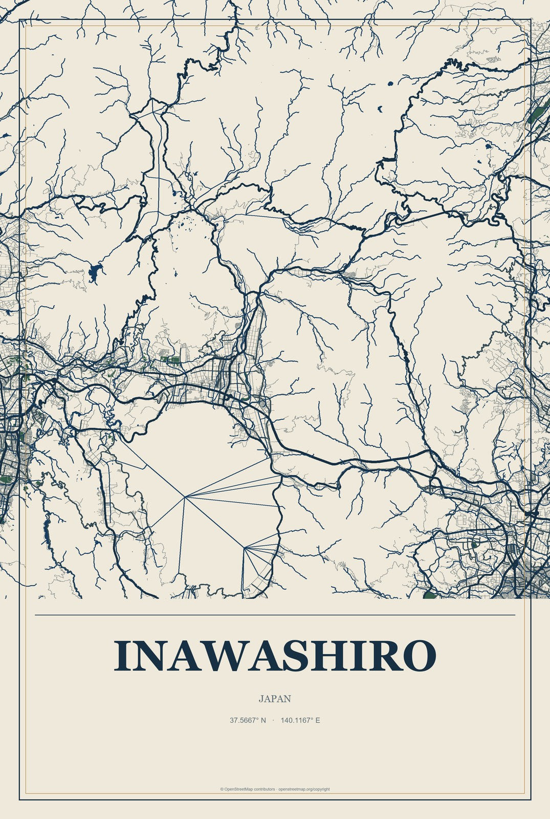 Inawashiro, Japan City Map Aluminum Sign in Coastal Cutout style