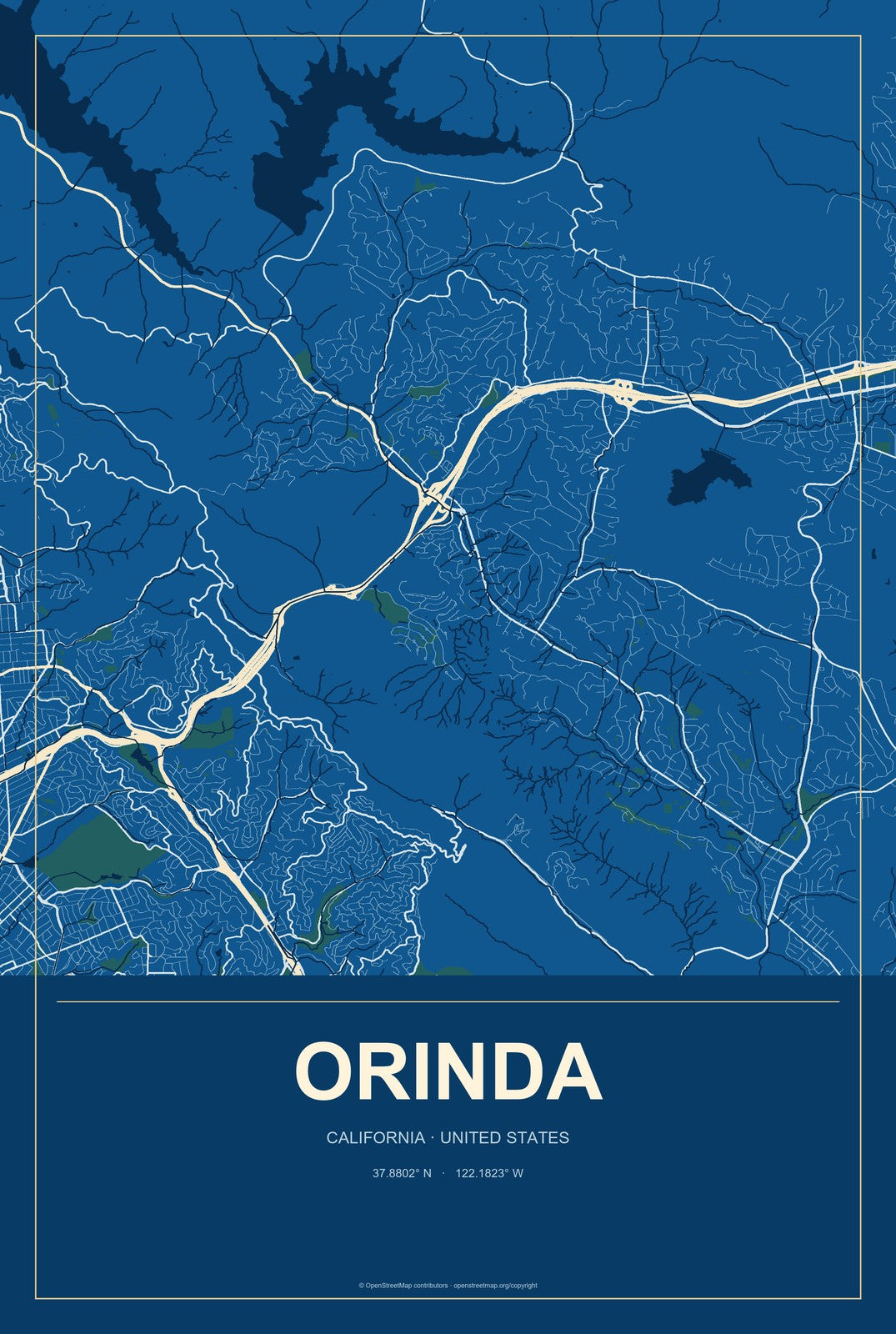 Orinda, California City Map Aluminum Sign in Harbor Cobalt style