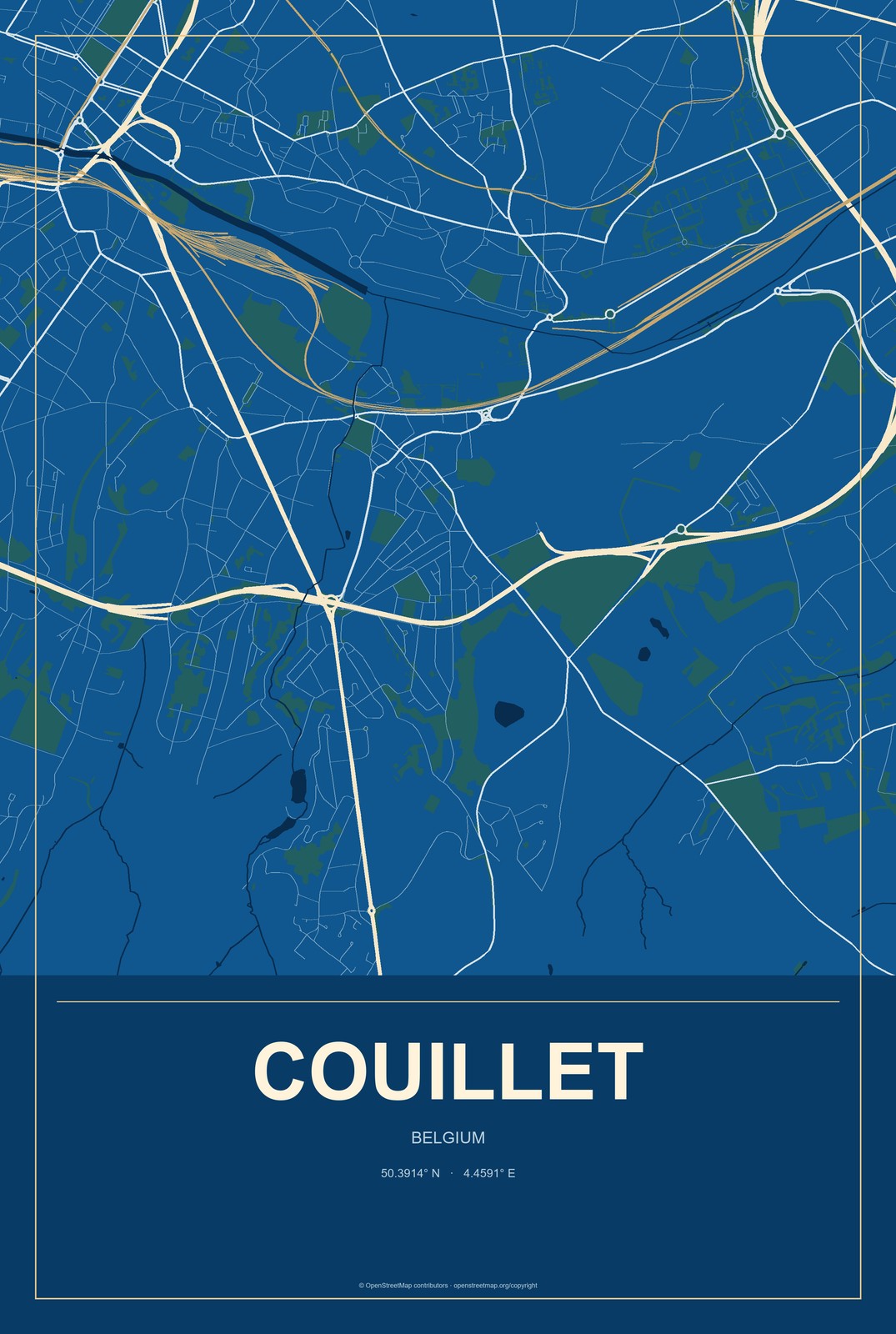 Couillet, Belgium City Map Aluminum Sign in Harbor Cobalt style