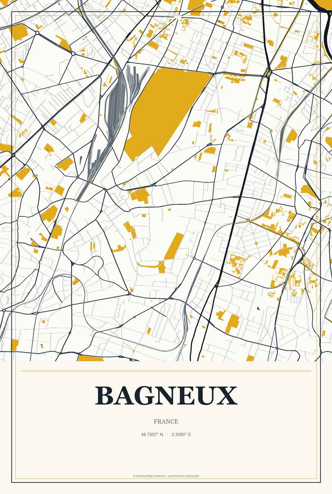 Bagneux, France City Map Aluminum Sign in Citrine Modern style