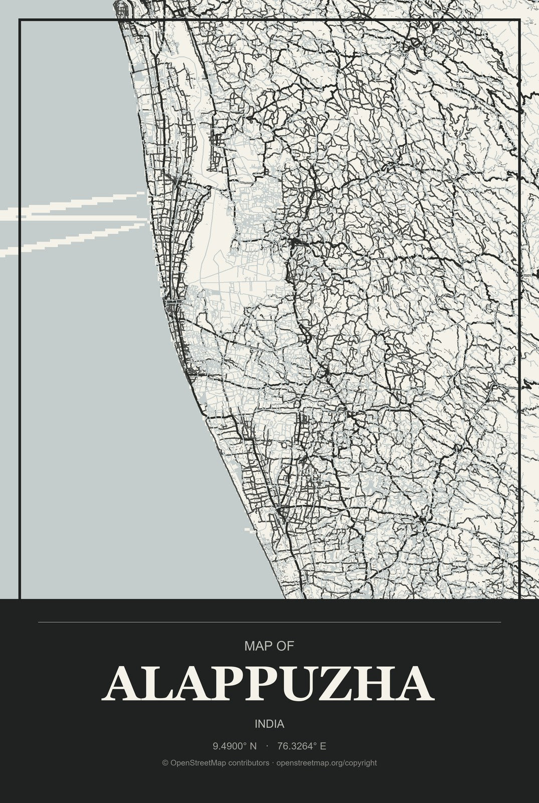 Alappuzha, India City Map Aluminum Sign in Museum Plaque style