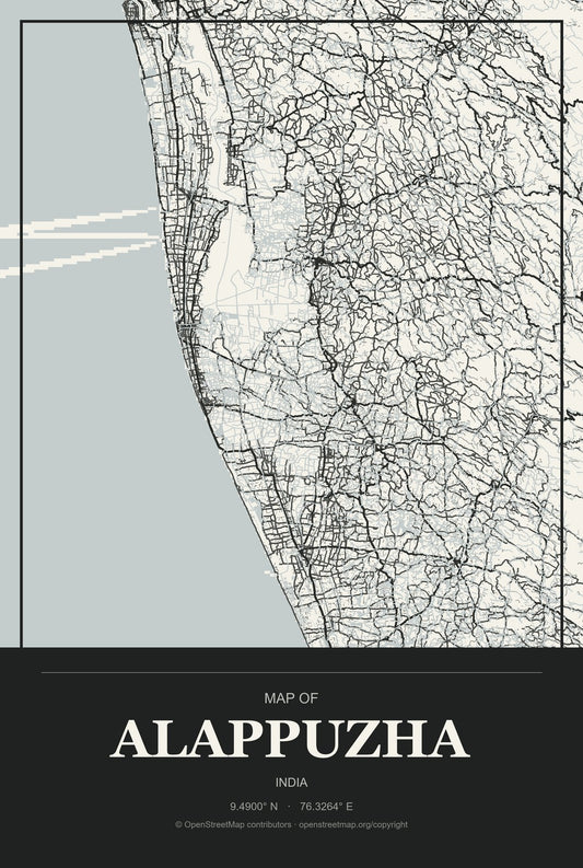 Alappuzha, India City Map Aluminum Sign in Museum Plaque style
