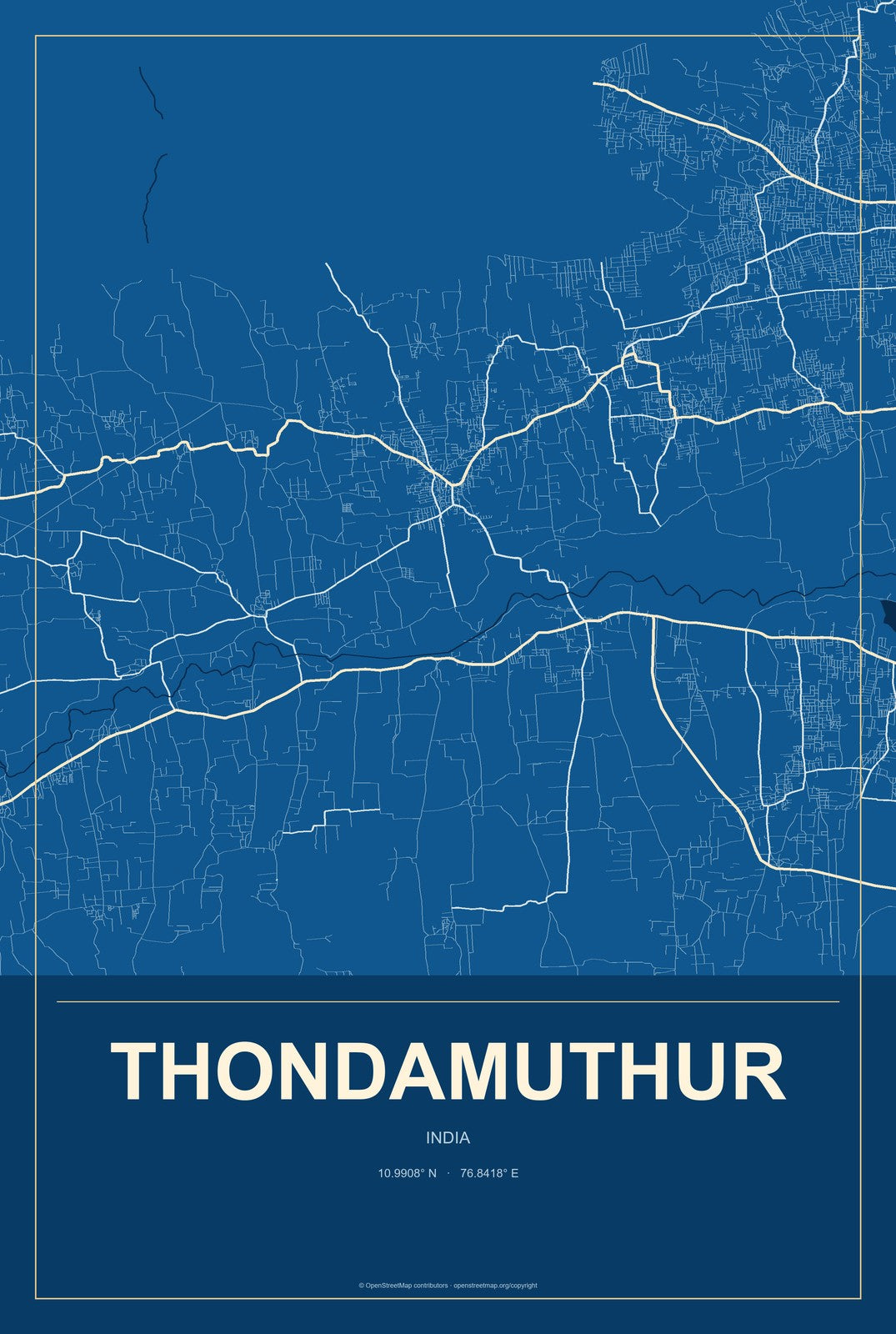Thondamuthur, India City Map Aluminum Sign in Harbor Cobalt style