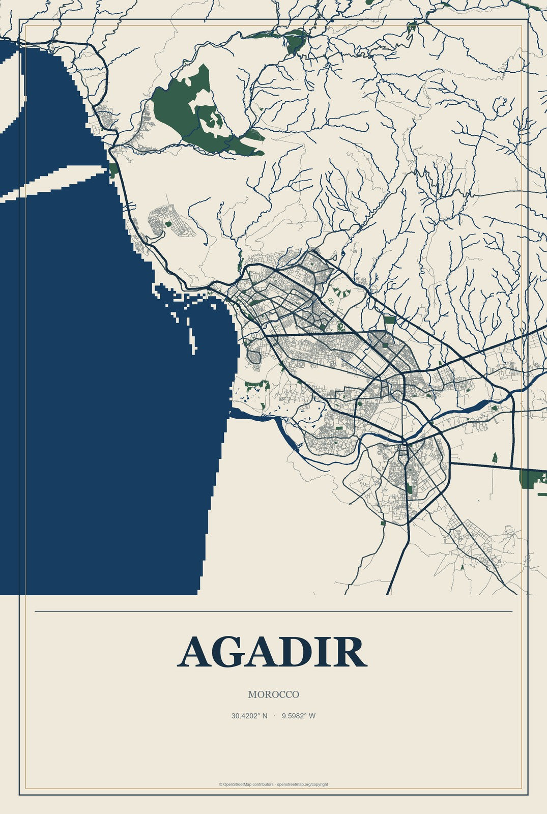 Agadir, Morocco City Map Aluminum Sign in Coastal Cutout style