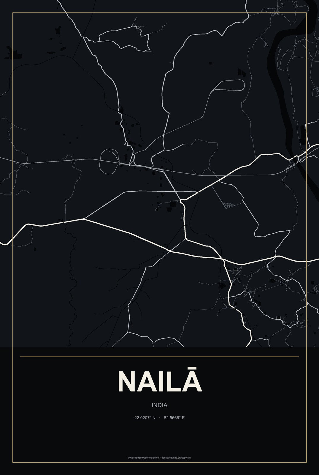 Nailā, India City Map Aluminum Sign in Metropolitan Noir style