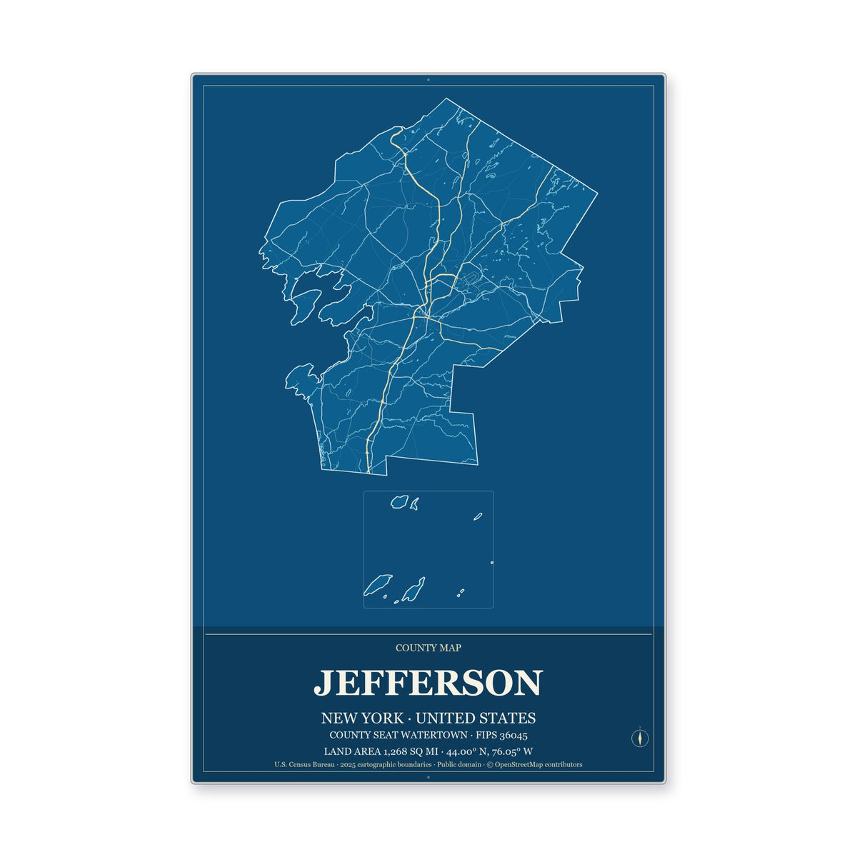 Jefferson County, New York Map Aluminum Sign in Harbor Cobalt style