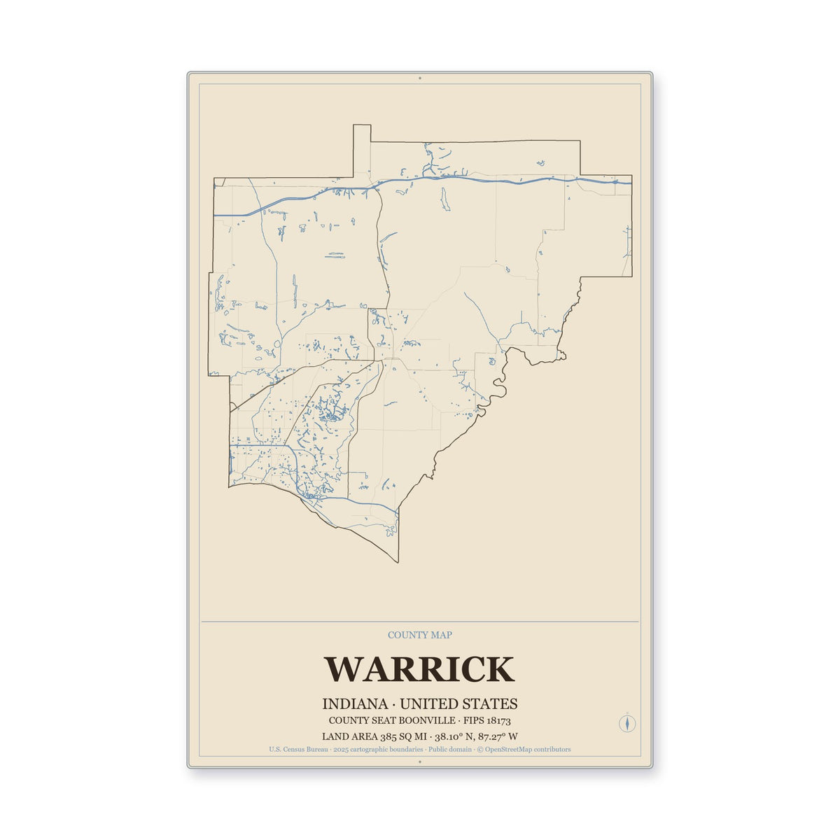 Warrick County, Indiana Map Aluminum Sign in Heritage Nautical style