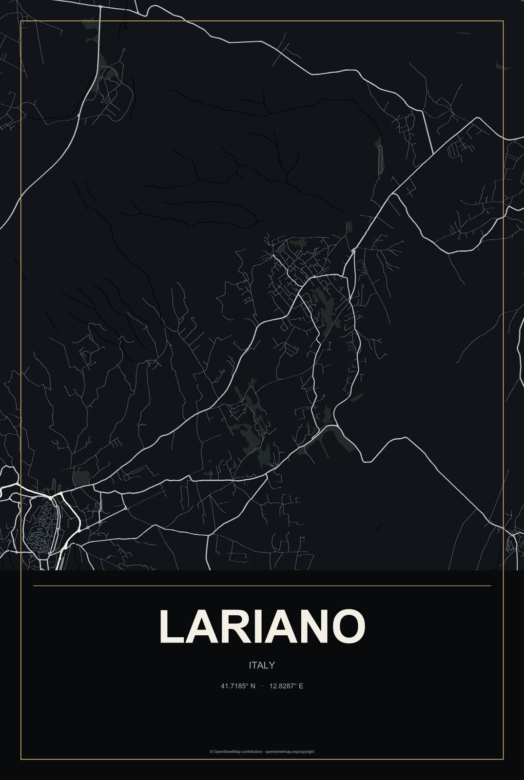 Lariano, Italy City Map Aluminum Sign in Metropolitan Noir style