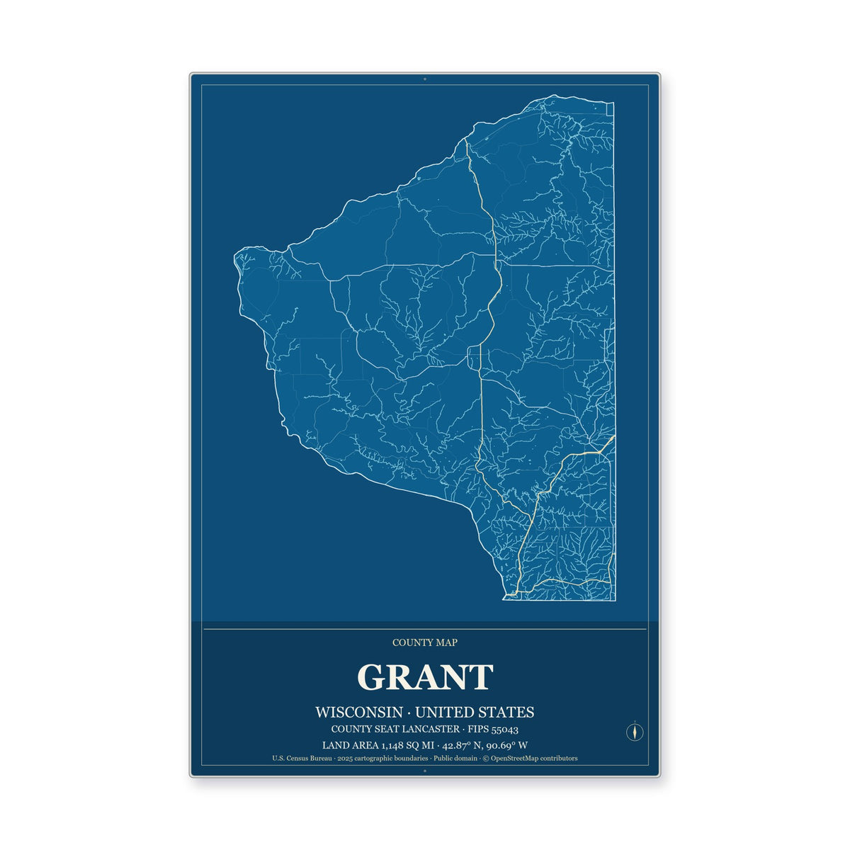 Grant County, Wisconsin Map Aluminum Sign in Harbor Cobalt style