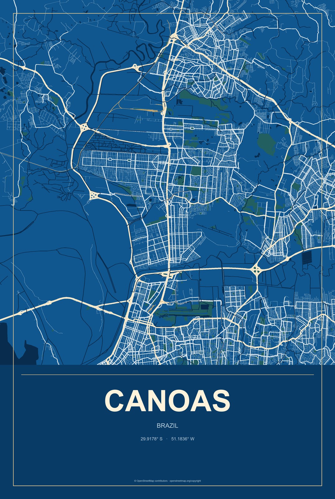 Canoas, Brazil City Map Aluminum Sign in Harbor Cobalt style