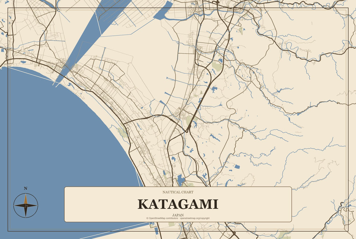Katagami, Japan City Map Aluminum Sign in Heritage Nautical style