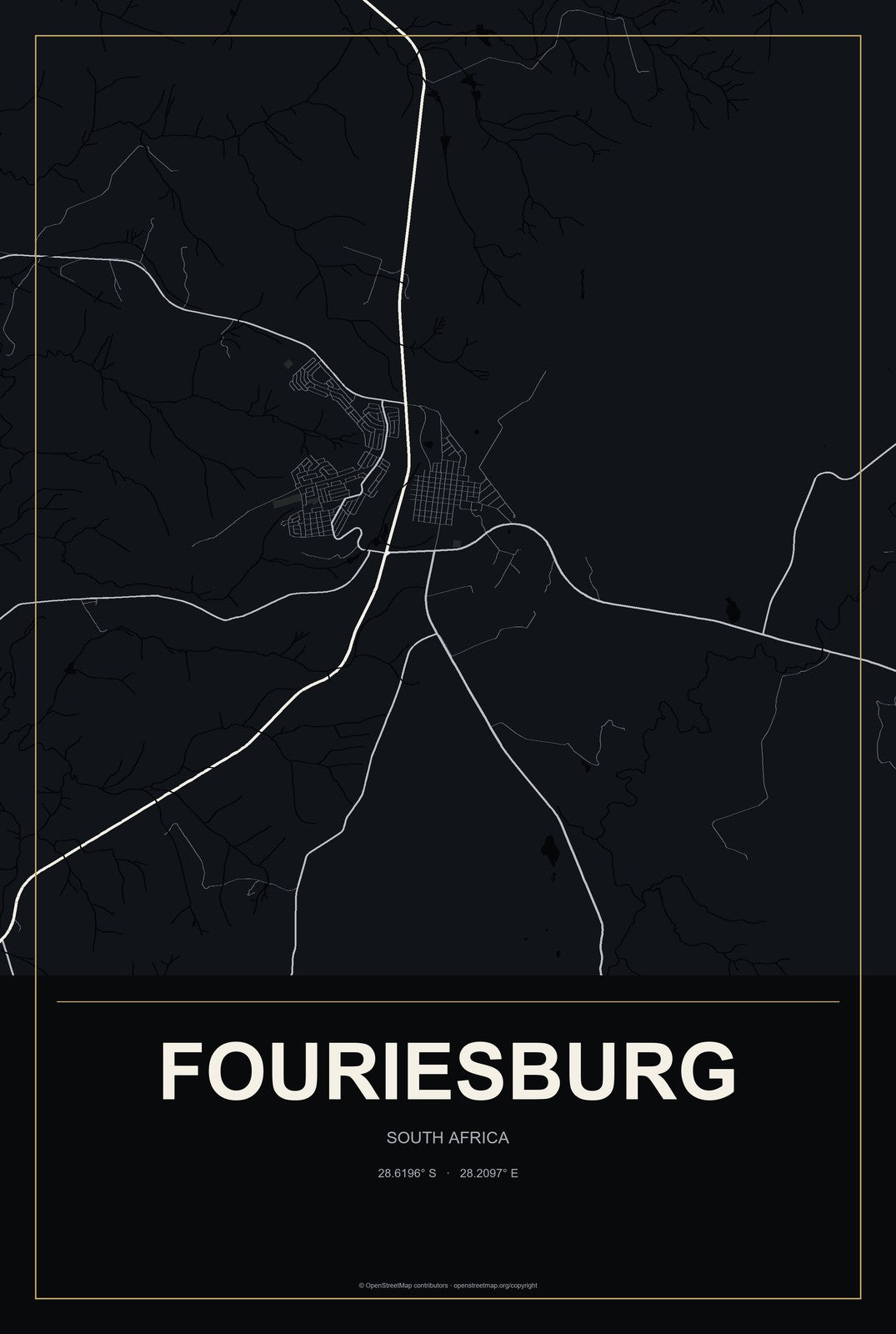 Fouriesburg, South Africa City Map Aluminum Sign in Metropolitan Noir style