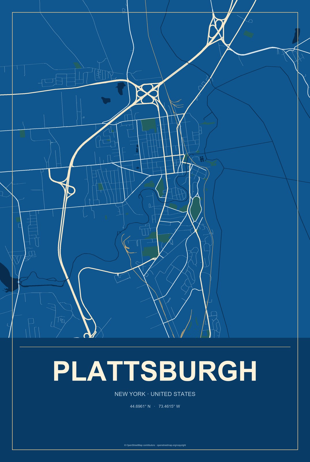 Plattsburgh, New York City Map Aluminum Sign in Harbor Cobalt style