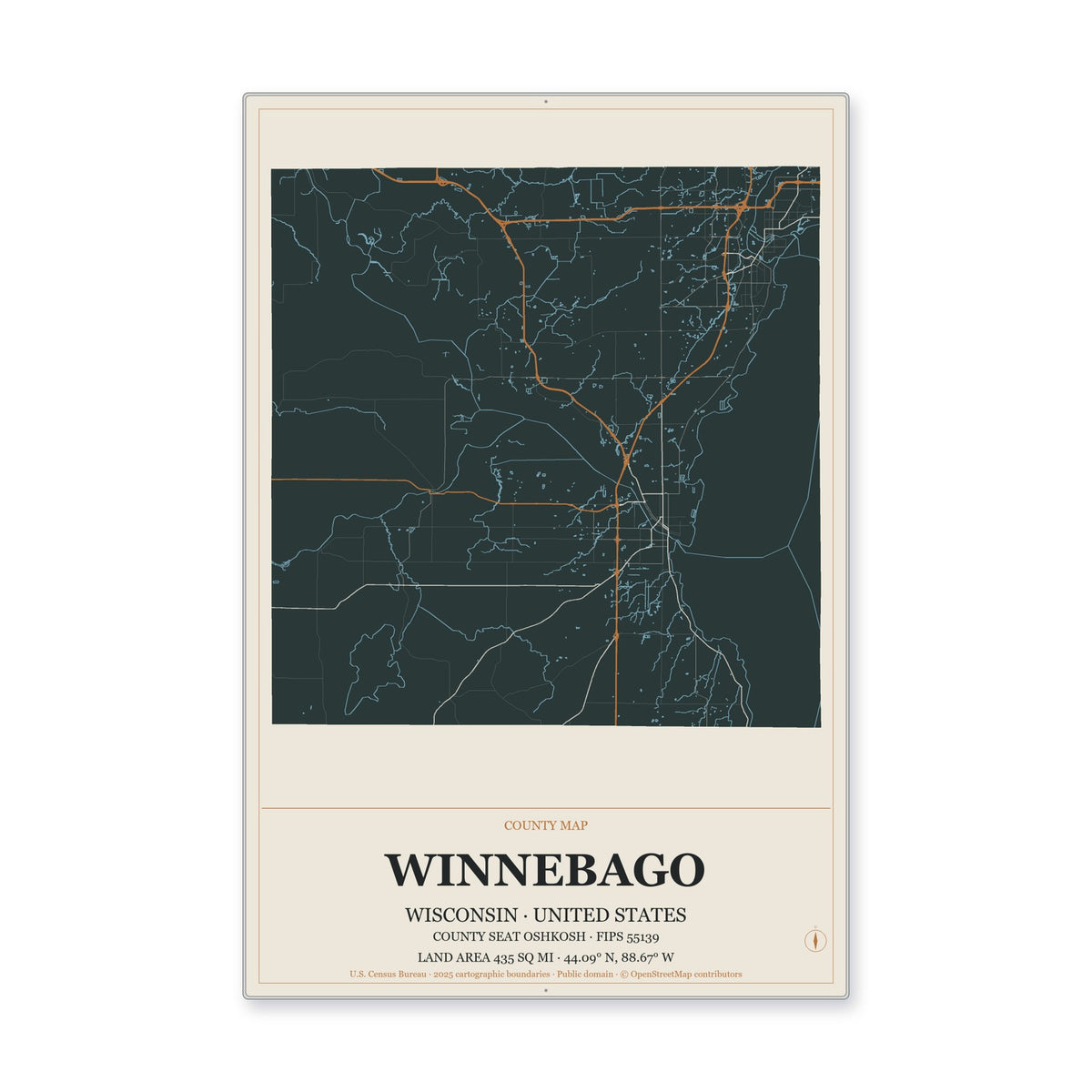 Winnebago County, Wisconsin Map Aluminum Sign in Headline Atlas style