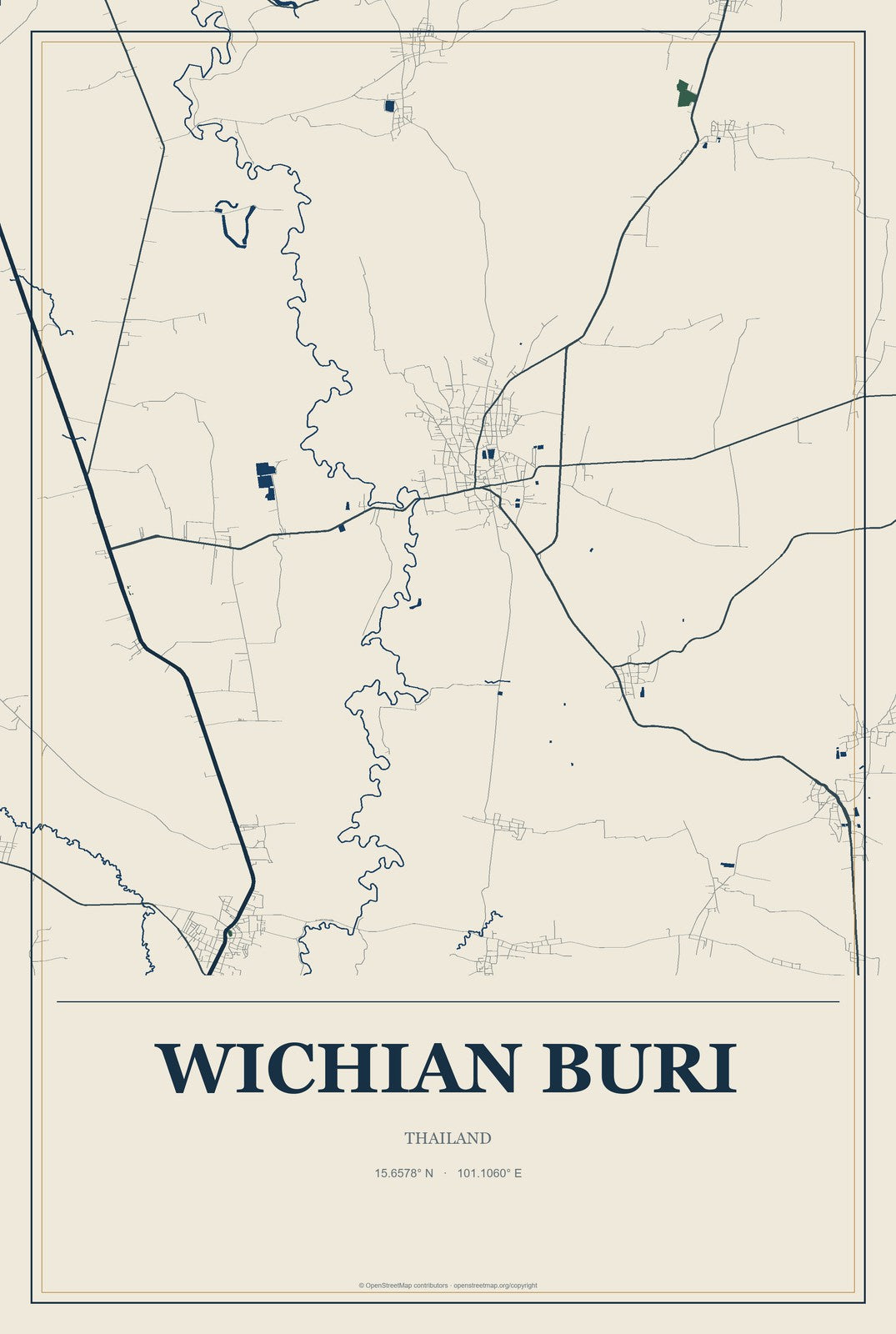 Wichian Buri, Thailand City Map Aluminum Sign in Coastal Cutout style