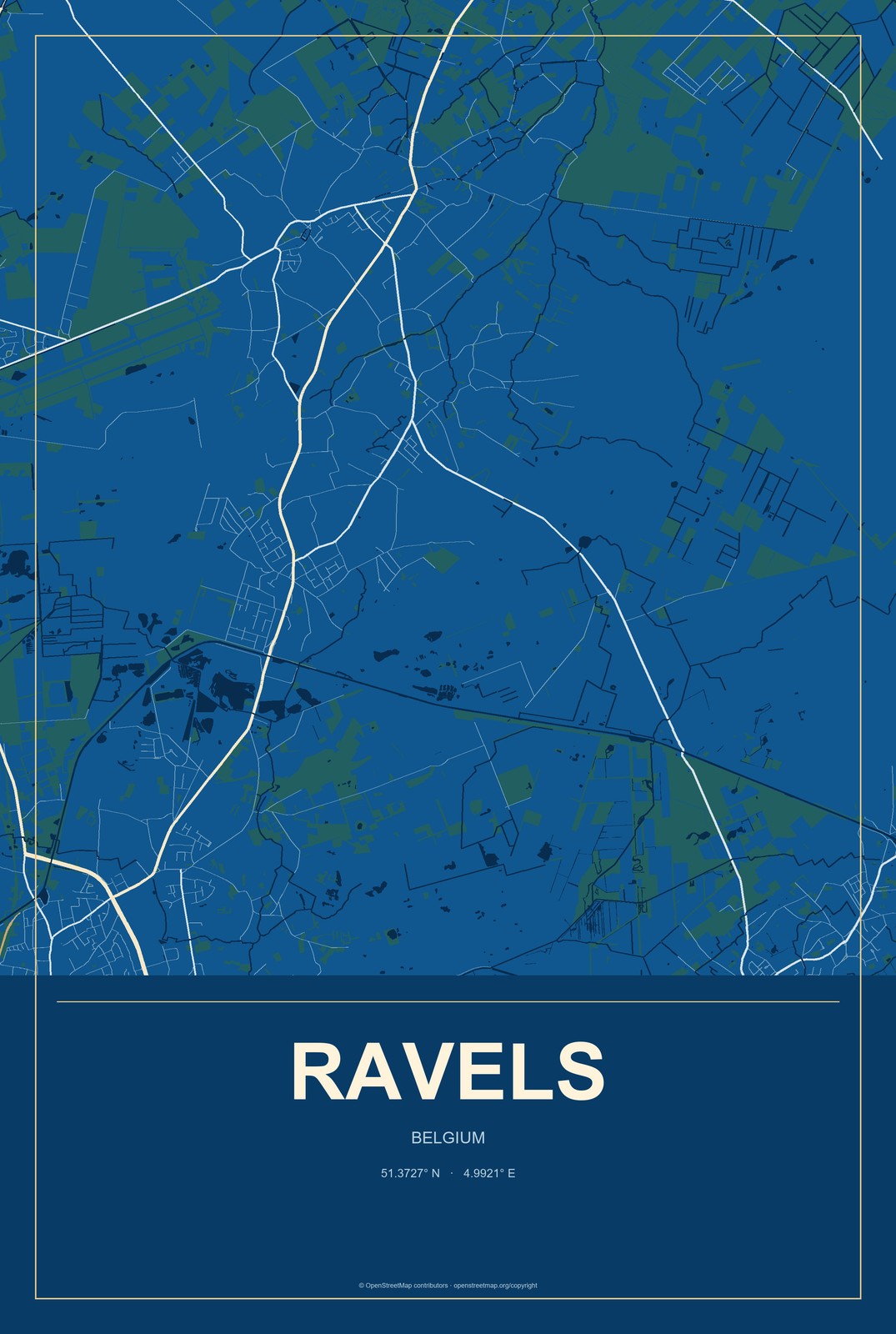 Ravels, Belgium City Map Aluminum Sign in Harbor Cobalt style