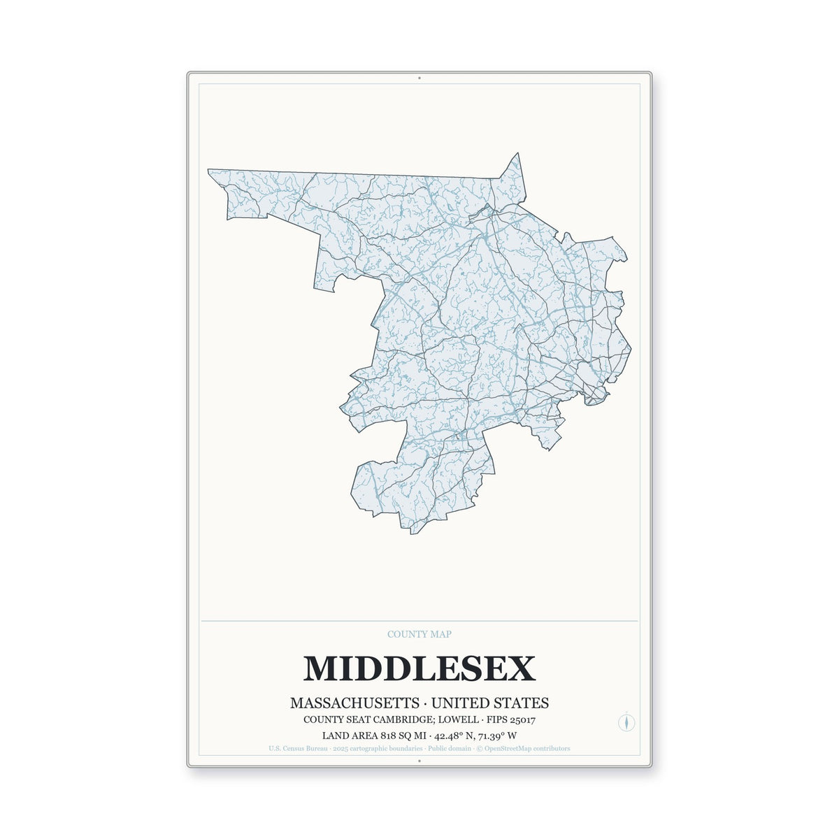 Middlesex County, Massachusetts Map Aluminum Sign in Gallery Air style