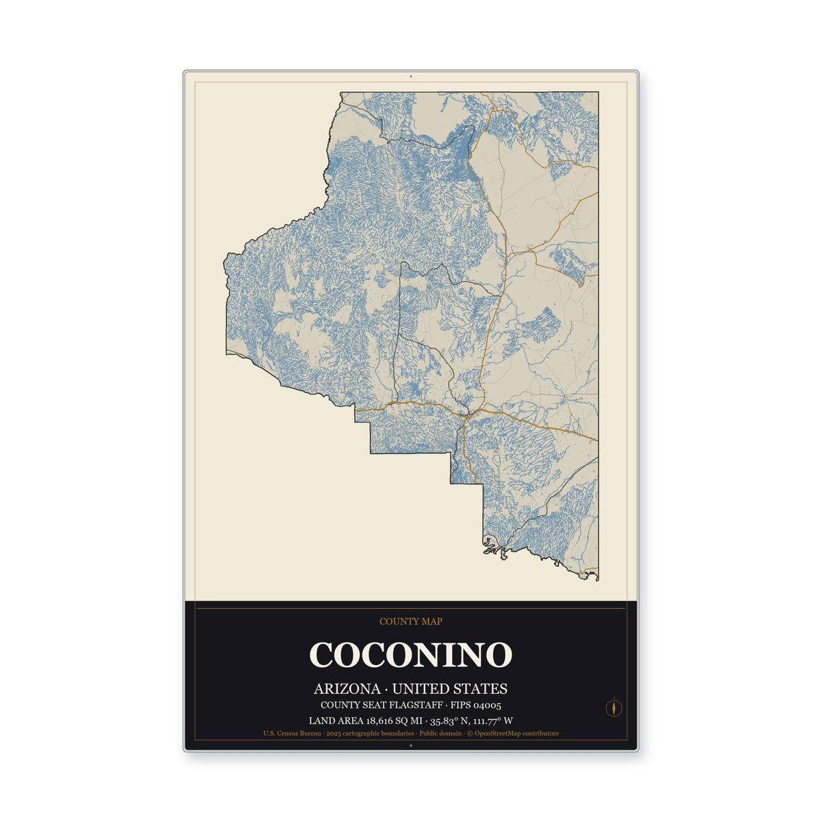 Coconino County, Arizona Map Aluminum Sign in Museum Plaque style