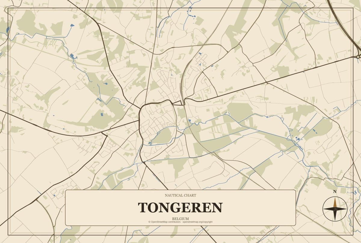 Tongeren, Belgium City Map Aluminum Sign in Heritage Nautical style