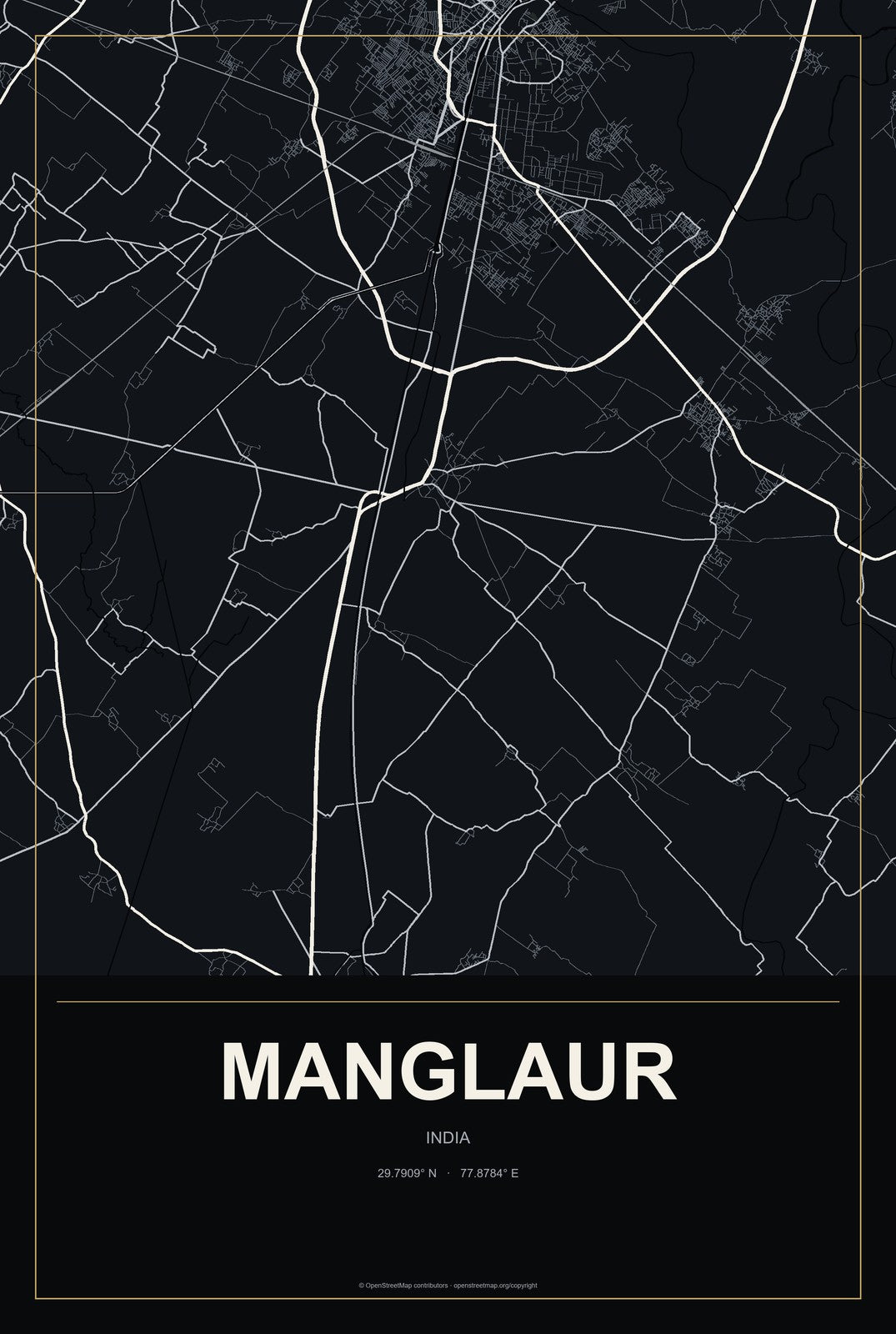 Manglaur, India City Map Aluminum Sign in Metropolitan Noir style