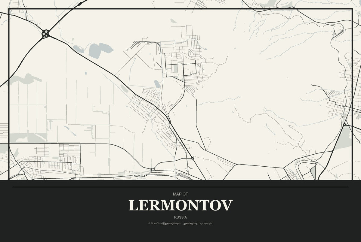 Lermontov, Russia City Map Aluminum Sign in Museum Plaque style