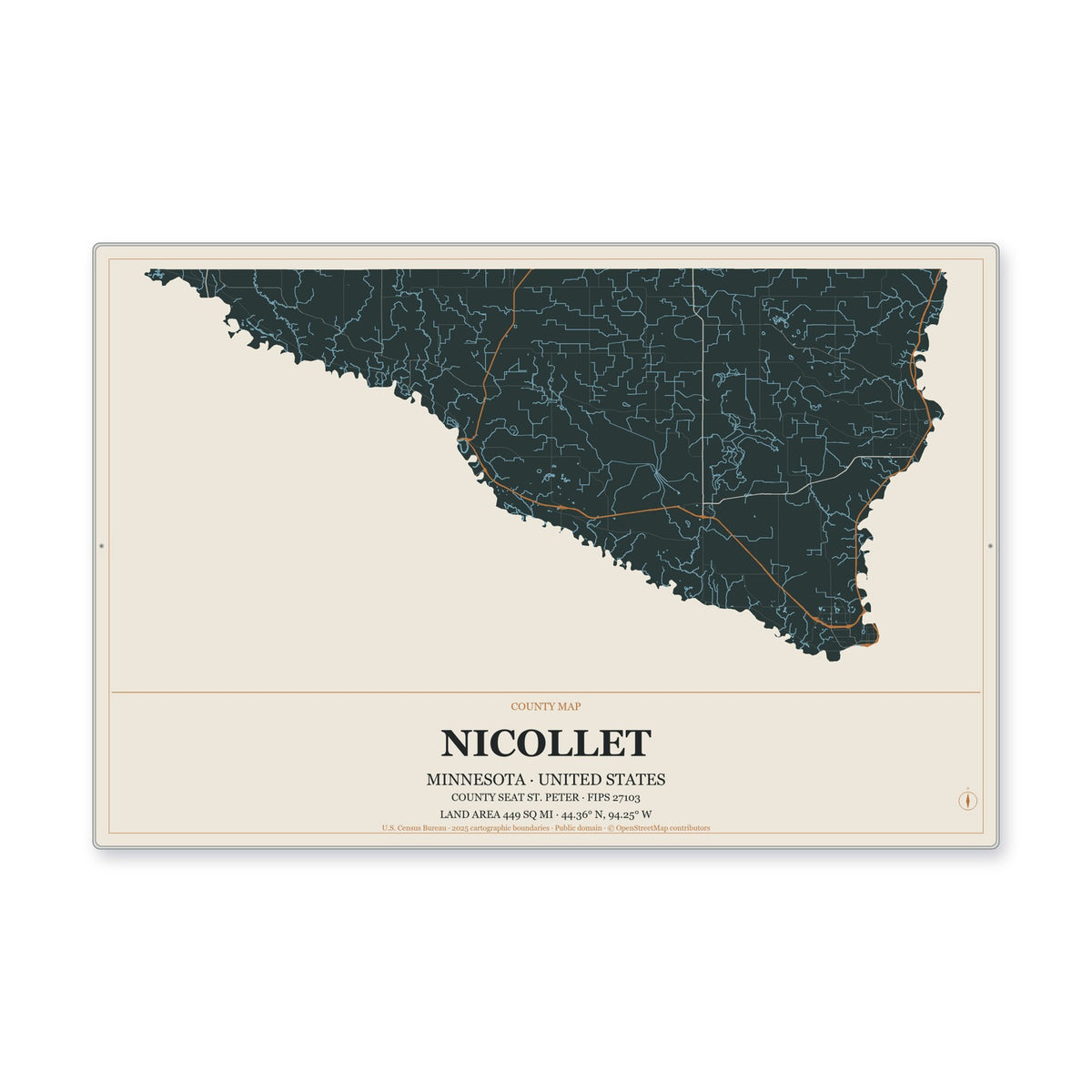 Nicollet County, Minnesota Map Aluminum Sign in Headline Atlas style