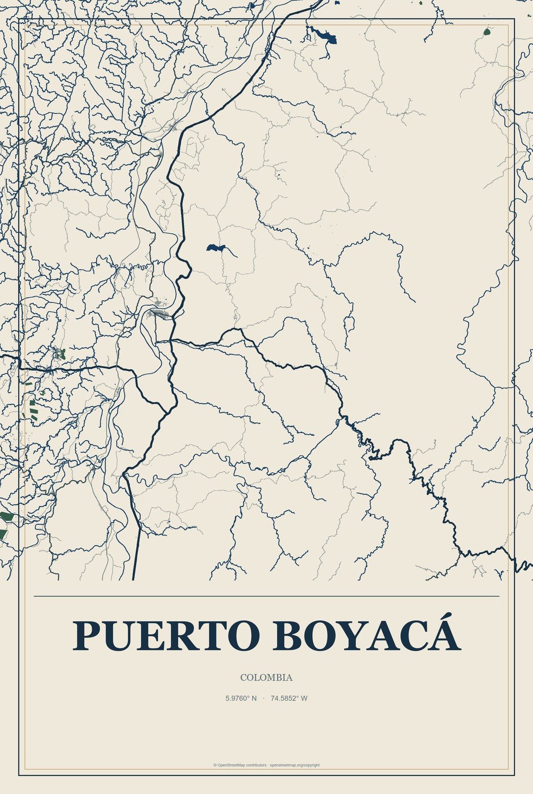 Puerto Boyacá, Colombia City Map Aluminum Sign in Coastal Cutout style