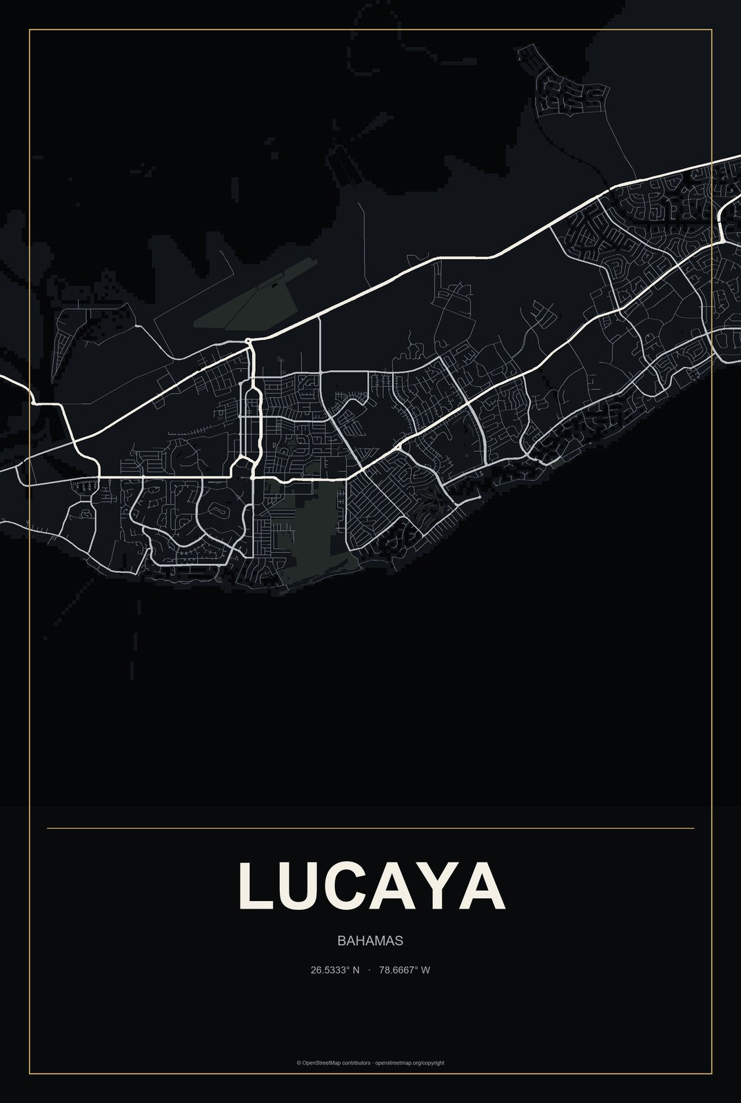 Lucaya, Bahamas City Map Aluminum Sign in Metropolitan Noir style