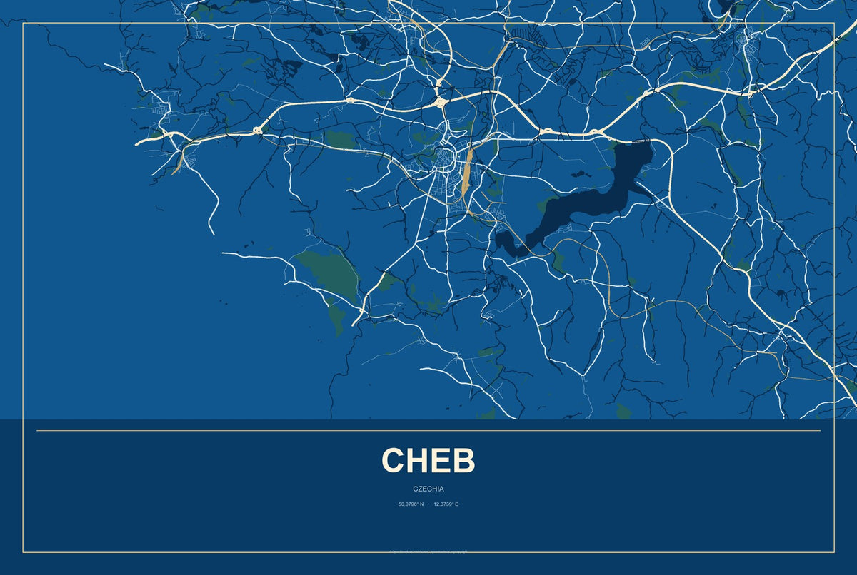 Cheb, Czechia City Map Aluminum Sign in Harbor Cobalt style