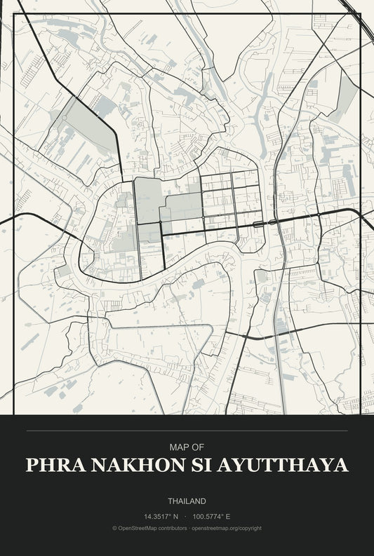 Phra Nakhon Si Ayutthaya, Thailand City Map Aluminum Sign in Museum Plaque style