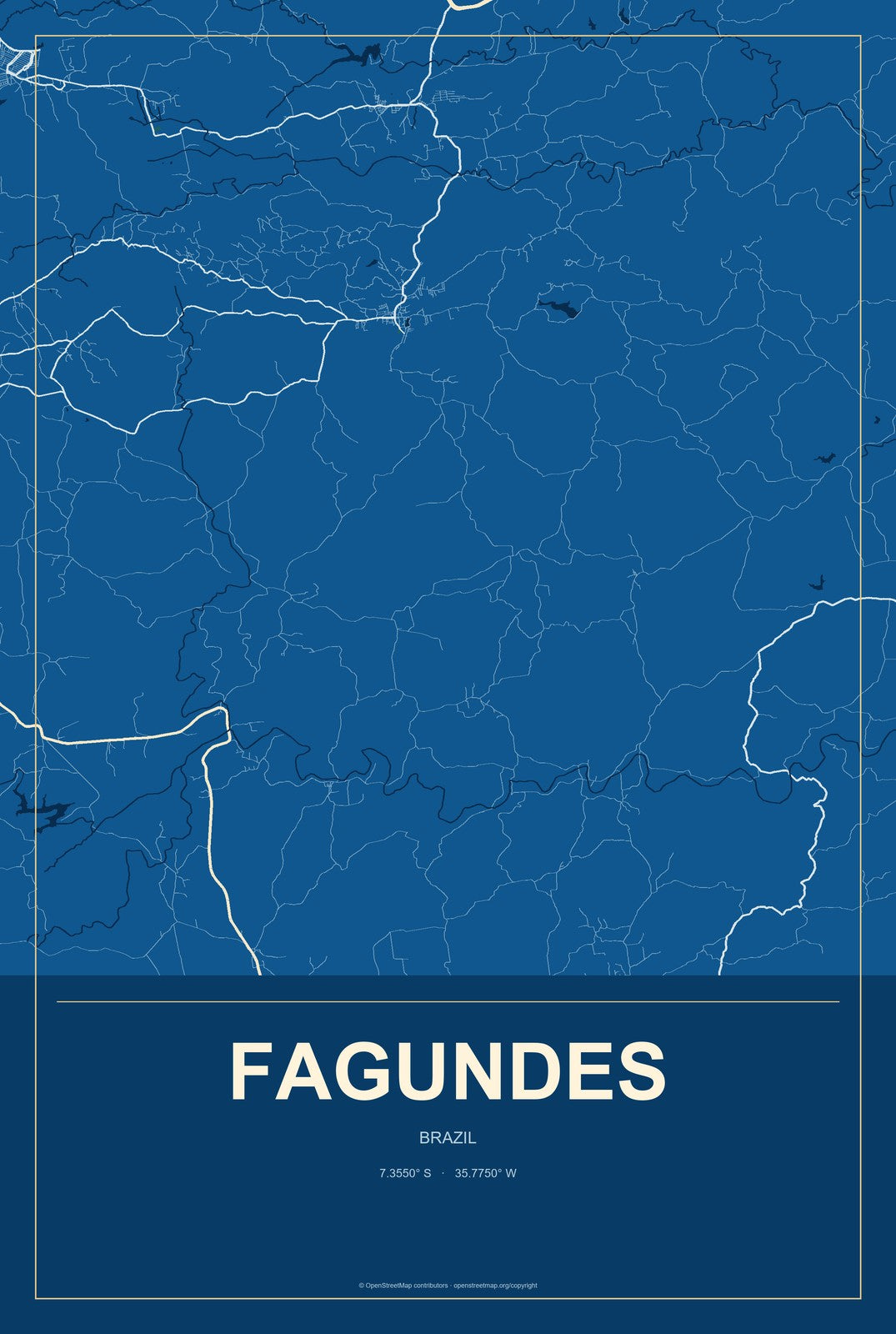 Fagundes, Brazil City Map Aluminum Sign in Harbor Cobalt style