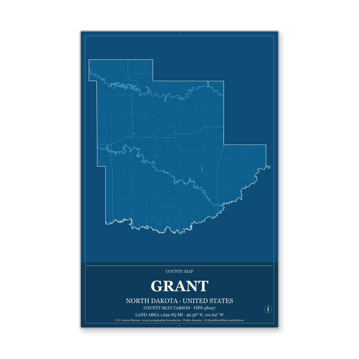 Grant County, North Dakota Map Aluminum Sign in Harbor Cobalt style