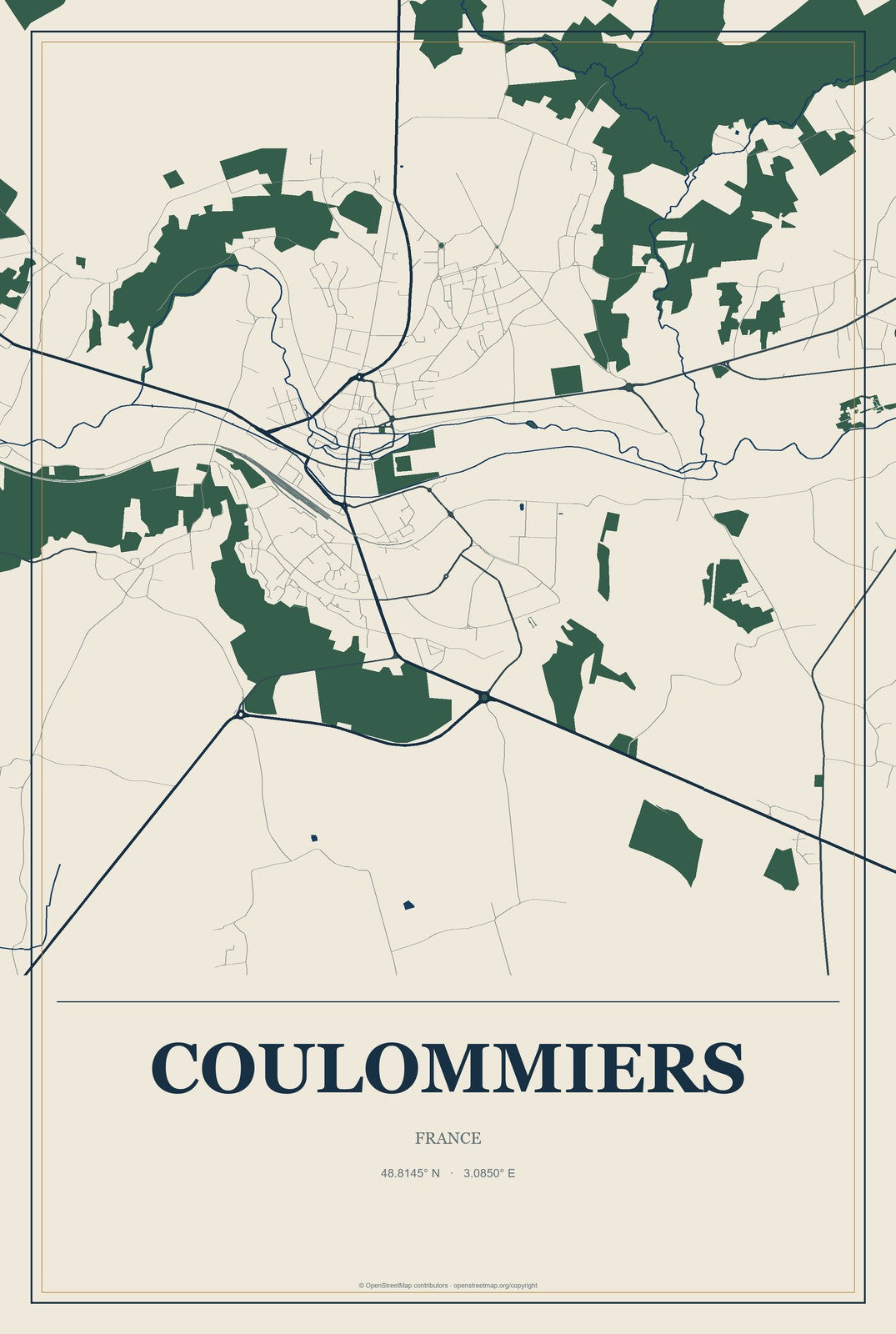 Coulommiers, France City Map Aluminum Sign in Coastal Cutout style