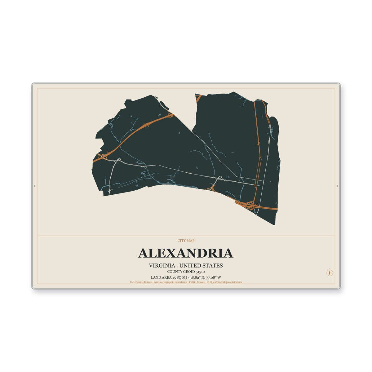 Alexandria city, Virginia Map Aluminum Sign in Headline Atlas style
