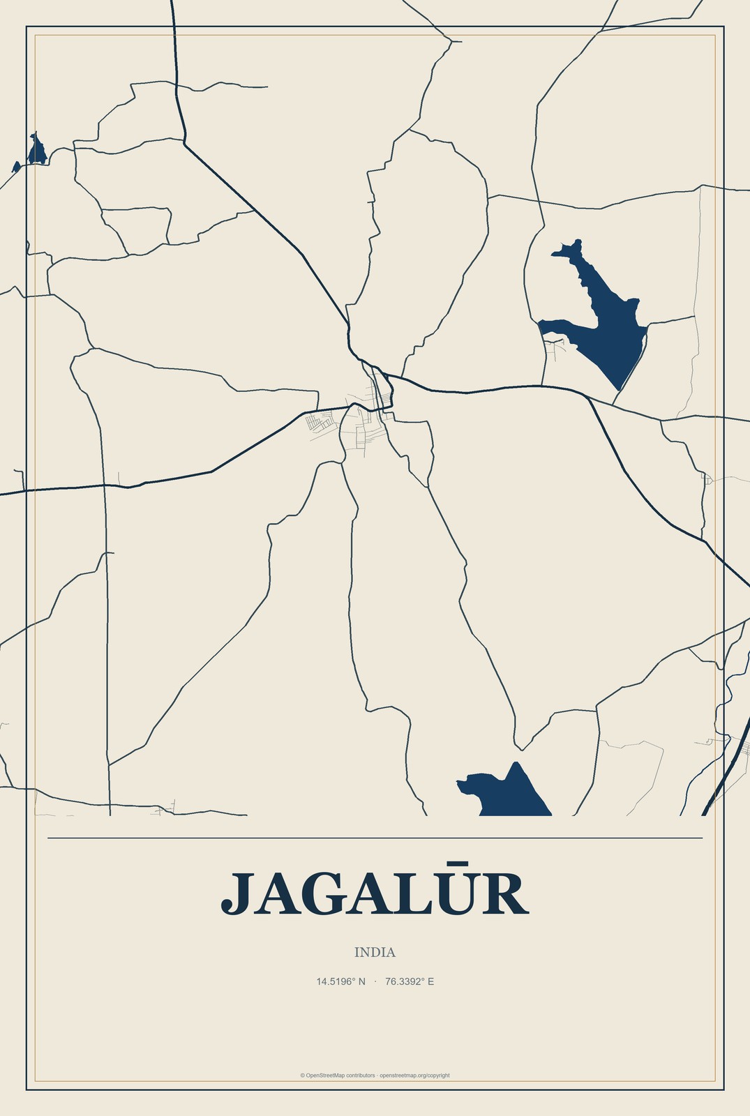 Jagalūr, India City Map Aluminum Sign in Coastal Cutout style